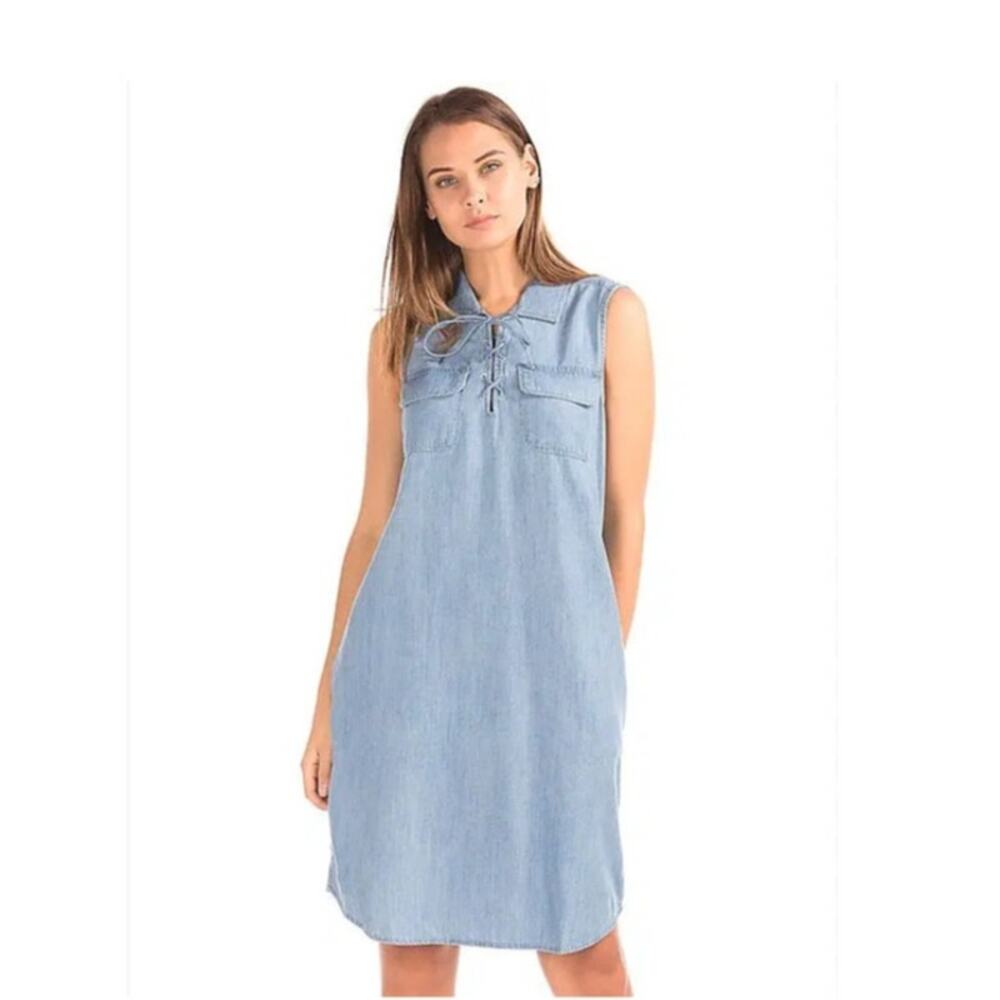 Gap shirt dress women's M tank lace up sleeveless chambray pockets blue